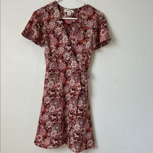 Monteau Floral Faux Wrap Dress Pink V-Neck Flutter Sleeve Size‎ XS